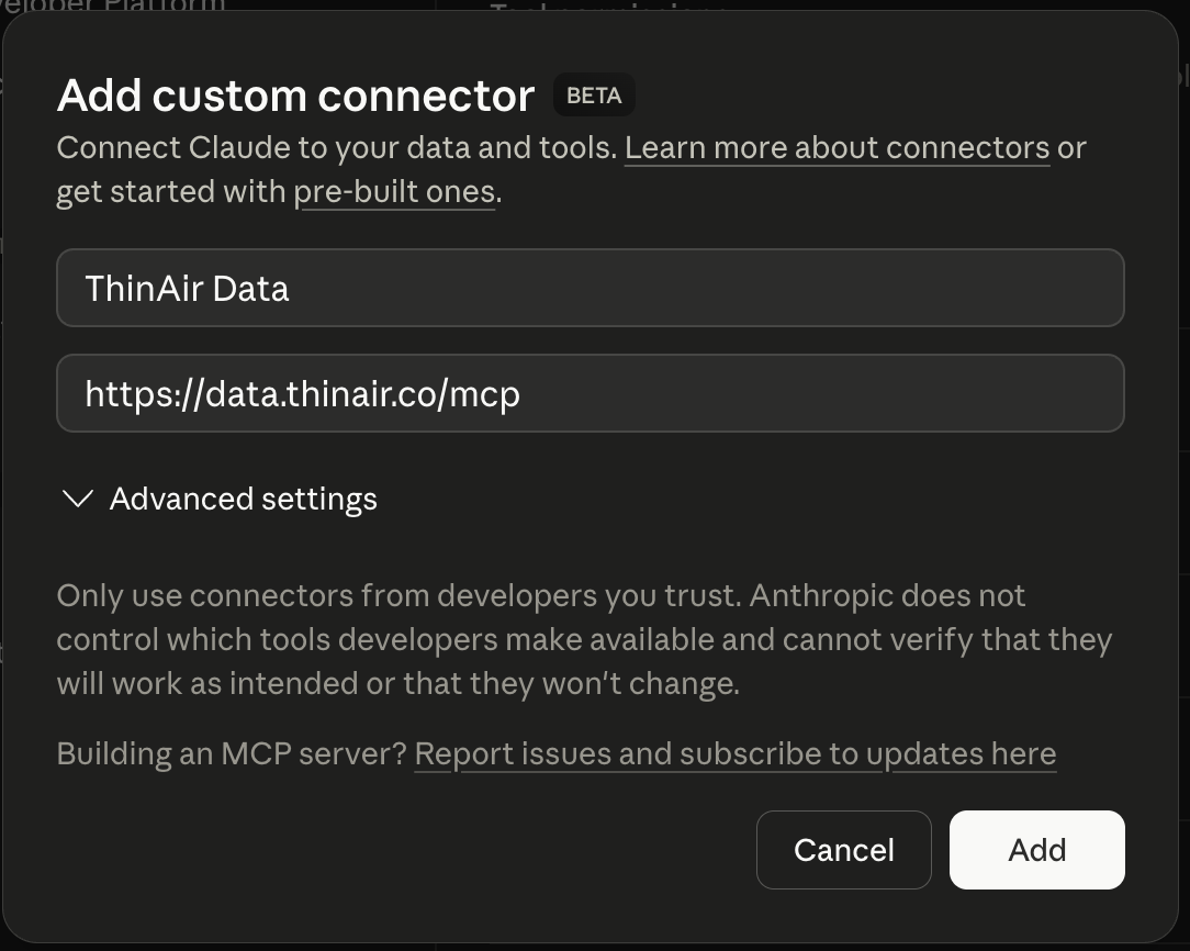Claude Desktop "Add custom connector" dialog prefilled for ThinAir Data