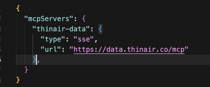 Cursor mcp.json with thinair-data SSE server at https://data.thinair.co/mcp