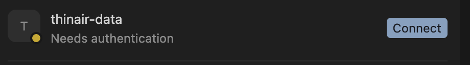 Cursor showing thinair-data with Connect button