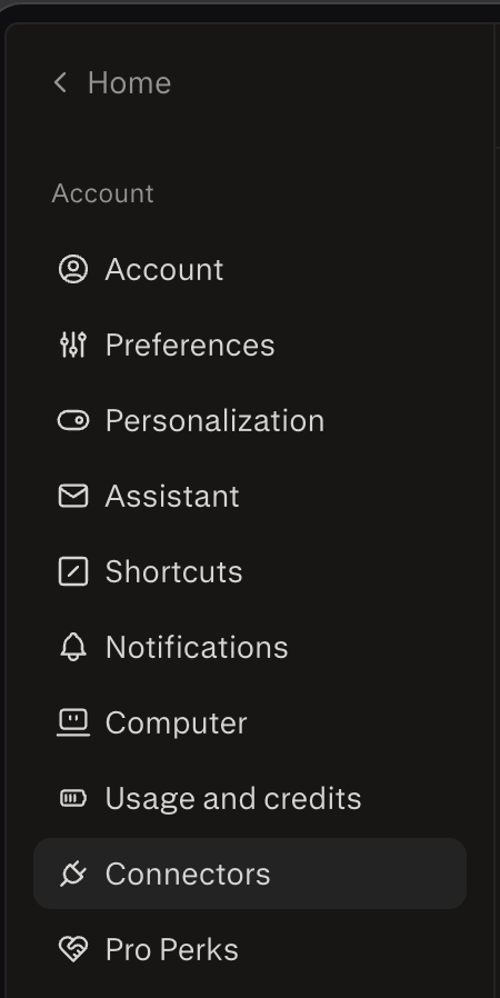 Perplexity settings sidebar with Connectors selected