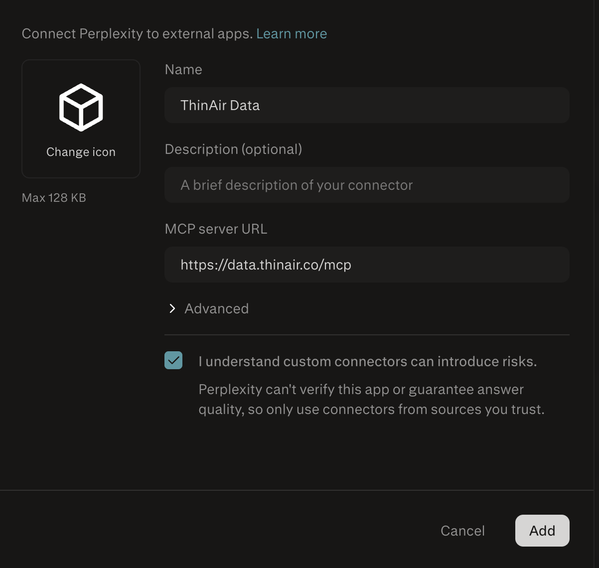 Perplexity Add connector form filled in for ThinAir Data